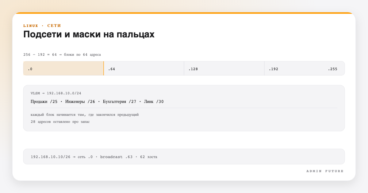 Блоки IP-адресов по 64 и схема VLSM-разбиения сети 192.168.10.0/24